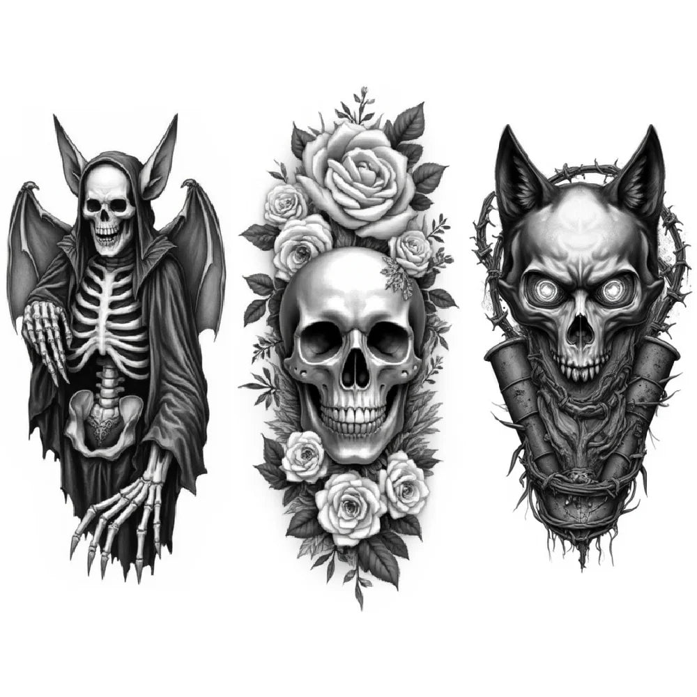 3-Pack Black & Grey Realism Temporary Tattoos – Roses & Skeleton