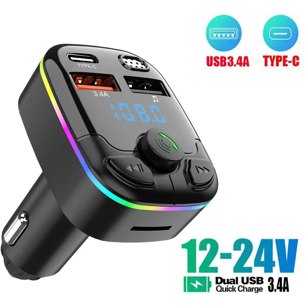Bluetooth 5.0 FM Transmitter Car Charger – Dual USB & Type-C