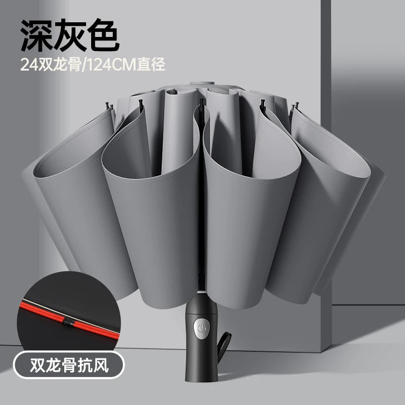 24-bone Reverse Fully Automatic Umbrella Enlarged Thickened and Reinforced Suitable for Both Sunny and Rainy Days Oasis Select GRAY 24K metal-fiber composite