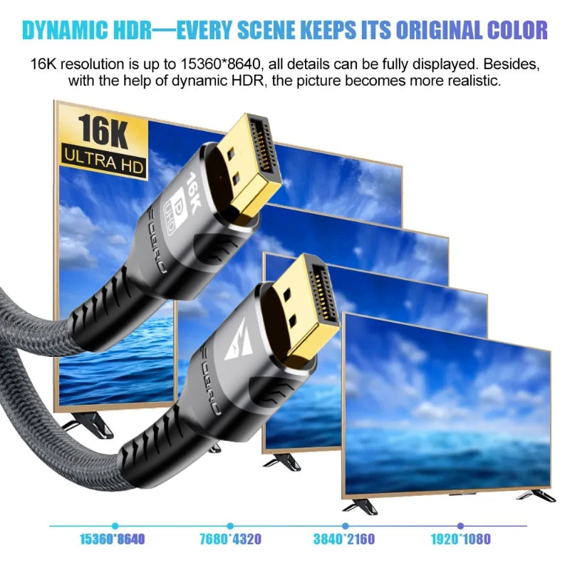 16K DP 2.1 8K@120Hz 4K@240Hz 80Gbps HDR Video Audio Displayport Cable Display Port for Laptop TV Xbox Projector Gaming Monitor Oasis Select