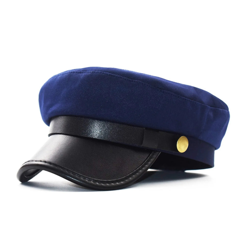 Unisex Cycling Caps PU Leather Hat Autumn Sailor Hat for Women Men Men Black Female Travel Student Hat Captain Hat Flat Top Oasis Select Blue