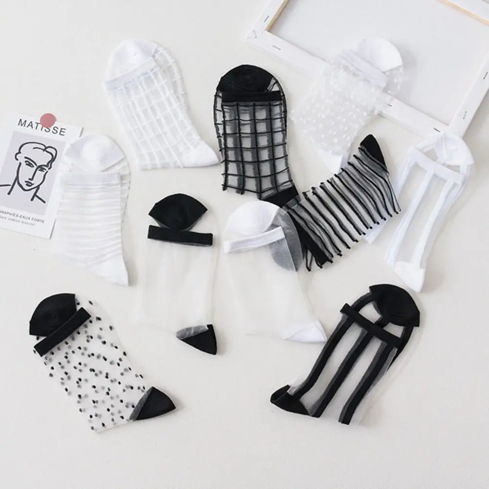 Women Ladies Socks Fashion Sheer Mesh Glass Silk Socks Ultrathin Transparent Crystal Lace Fabulous Elastic Summer Ankle Socks Oasis Select