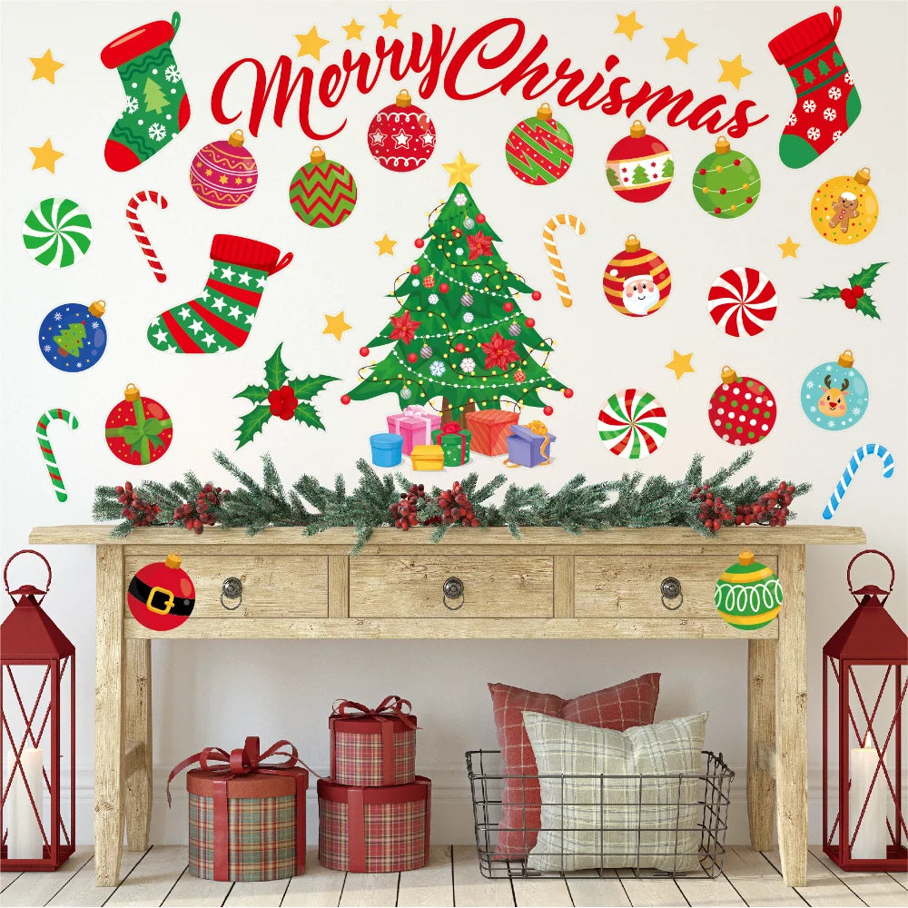 Christmas Wall Stickers Xmas Tree Candy Snowflake Pattern Self-adhesive PVC Sticker New Year Party Wall Window Decoration Decals Oasis Select