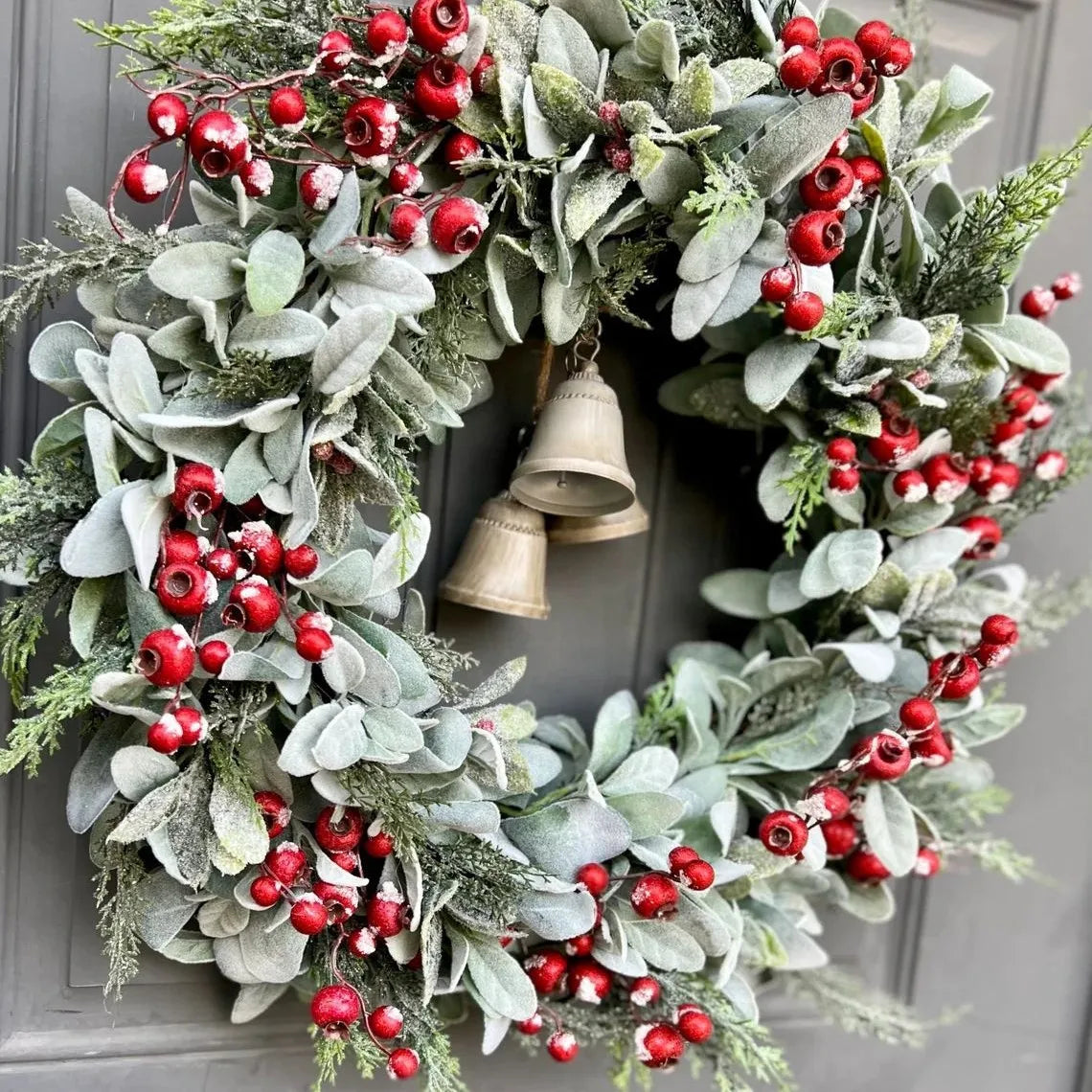 Christmas Red Berry Bell Garland Pine Leaves Flocked Leaves Patio Holiday Decoration Door Hanging Party Decoration Oasis Select