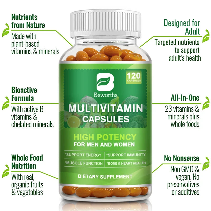 BEWORTHS Multivitamin Capsules with Vitamins & Minerals for Energy Brain Heart Skin Eye Health Immune Support for Women and Men Oasis Select