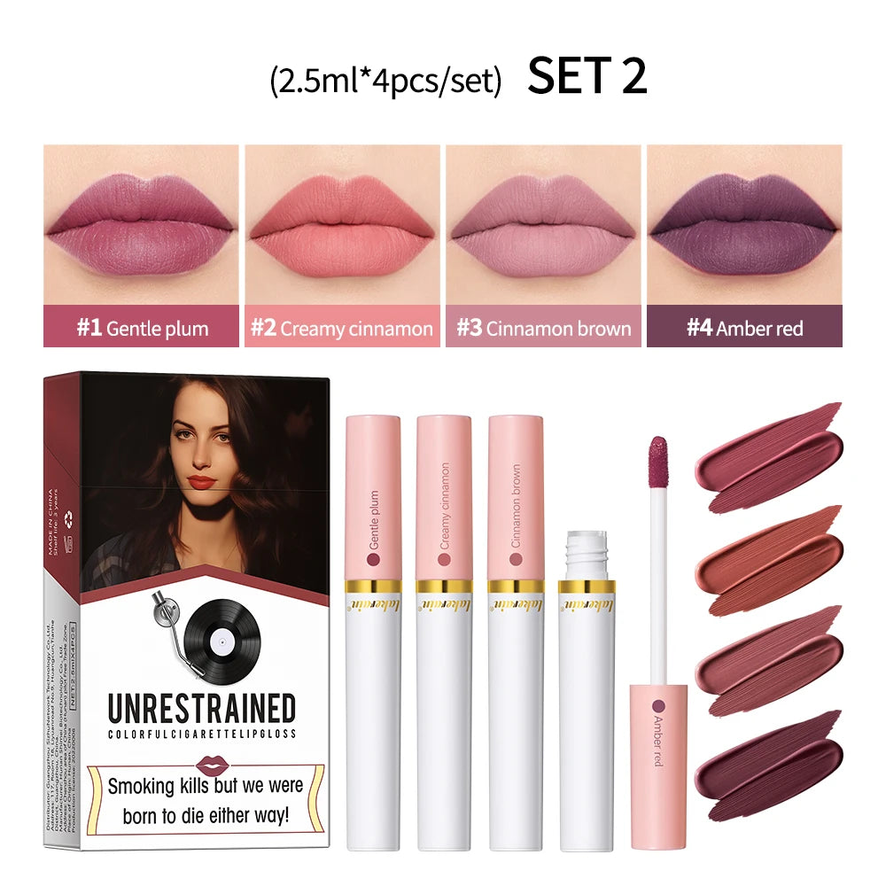 4pcs/set Velvet Lip Gloss Matte Liquid Lipstick Waterproof Long Lasting Tint Cigarette Tube Pigment Red Pink Makeup Oasis Select set 2