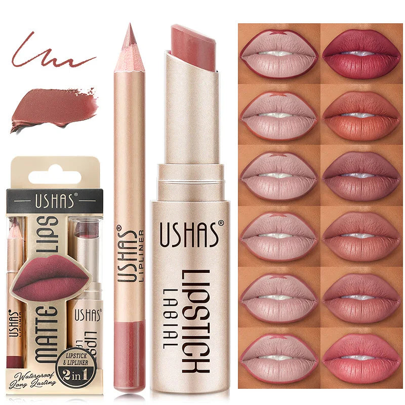USHAS 12-Color Matte Lipstick & Lip Liner Set – Waterproof