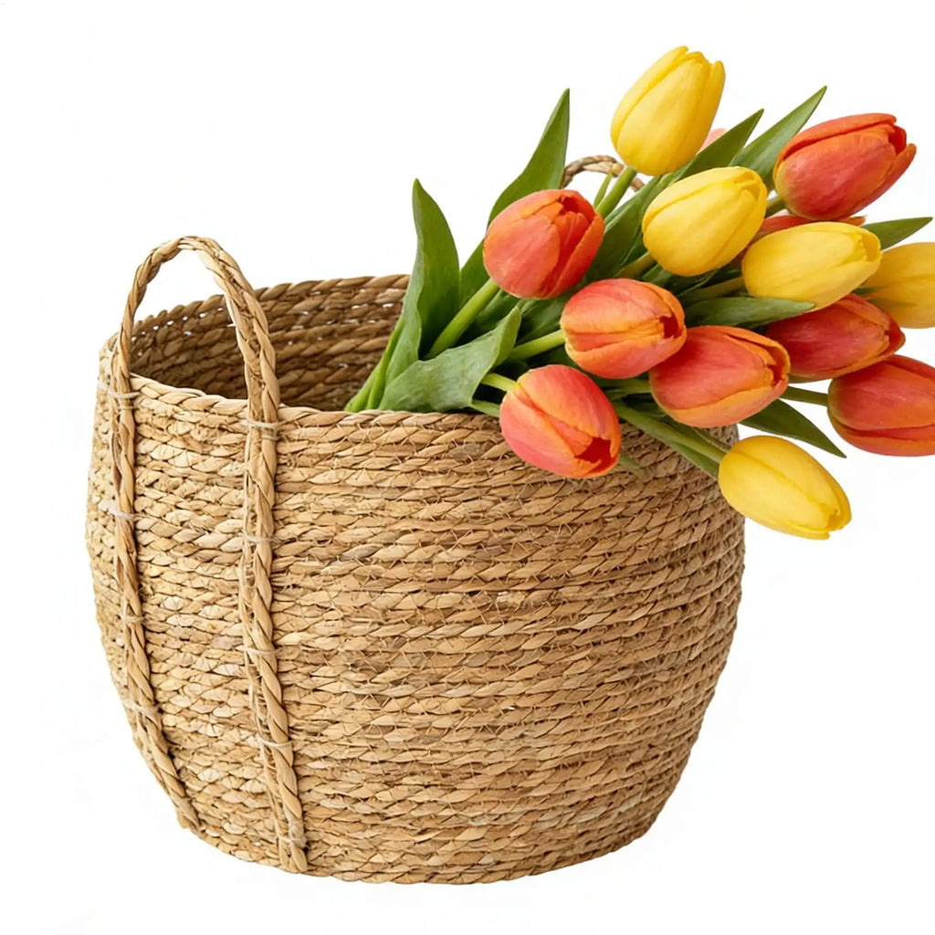 Rattan Planter Basket Floor-Standing Flower Pot with Handle Woven Plant Basket for Indoor Farmhouse Garden Living Room Dorm Home Oasis Select