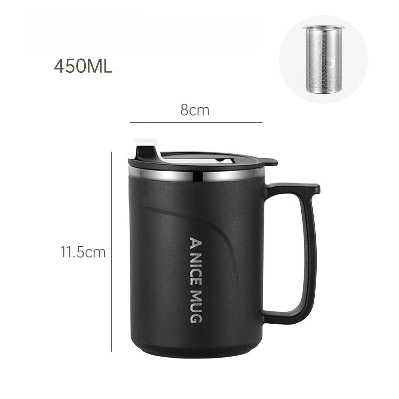 450ML Stainless Steel Insulated Coffee Mug with Detachable Tea Strainer, Leak-Proof Lid, and Handle - Double-Walled Thermal Cup Oasis Select