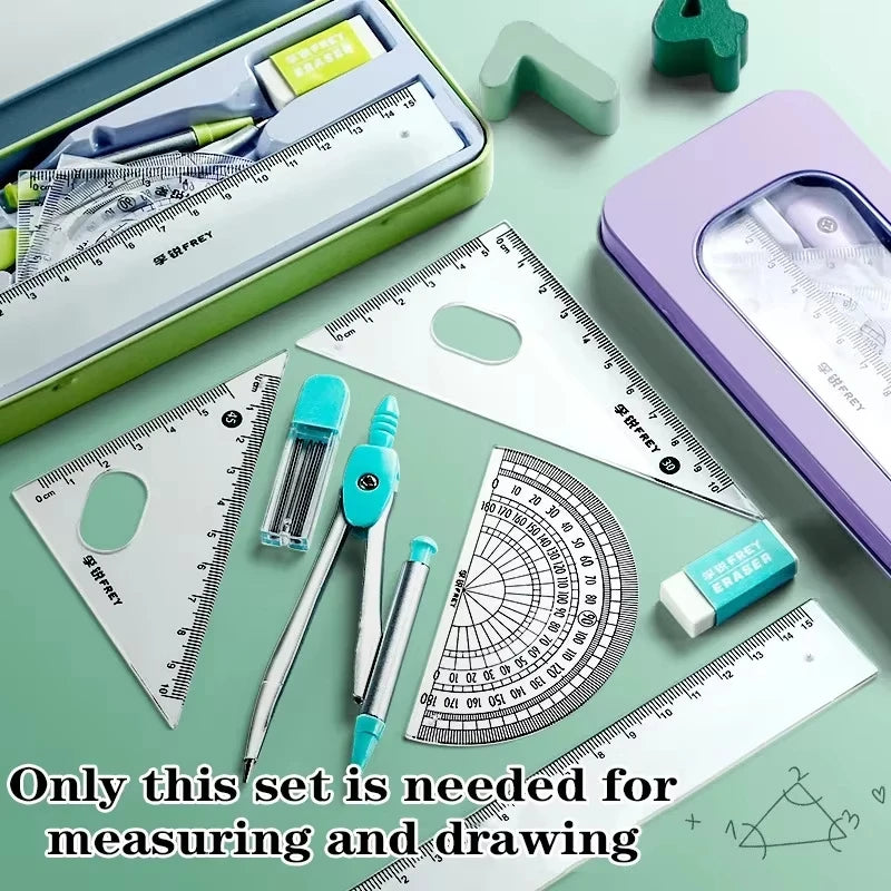 7pcs Student Geometry Tool Set Pastel Color Compass Protractor Ruler Kit with Case for School Drawing & Math Homework Oasis Select