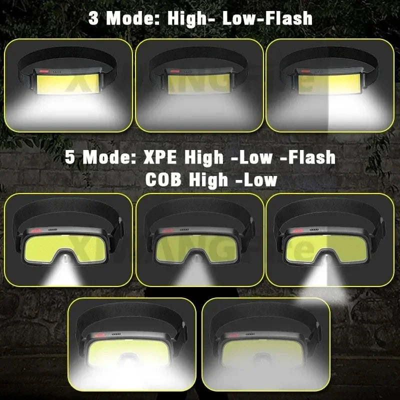 Powerful COB LED Headlamp Built-in Battery Type-c Rechargeable Headlight Outdoor Super Bright Camping Fishing Head Lamp Torch Oasis Select