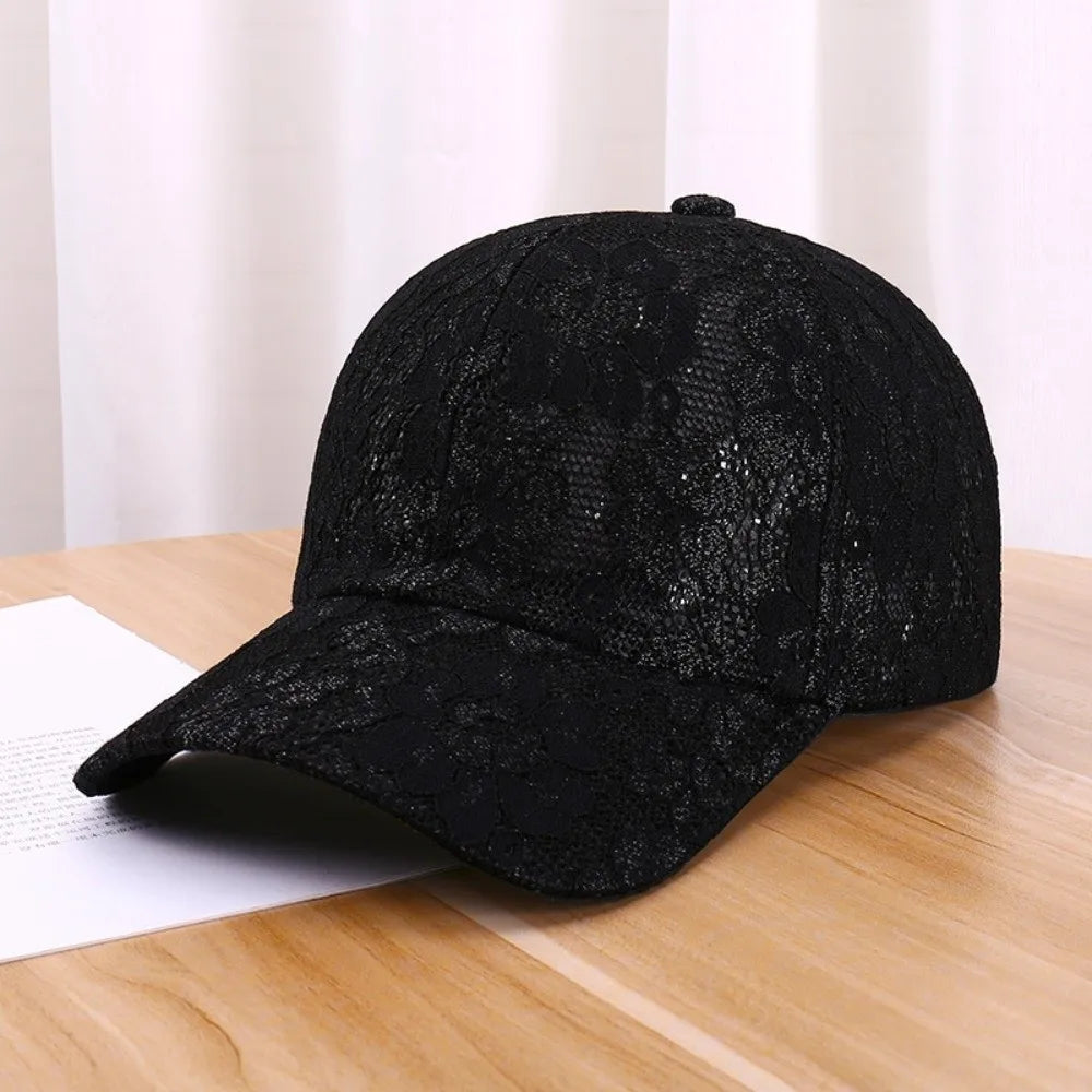 Fashion Breathable Floral Lace Baseball Cap Hollow Adjustable Mesh Baseball Hat Outdoor Sun Hat For Women Oasis Select Black