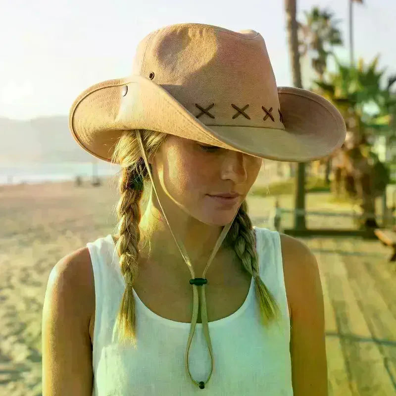 Wide Brim Retro Western Cowboy Hat Unisex Sun Protection Outdoor Hiking Camping Fishing Hat with Adjustable Chin Strap Oasis Select