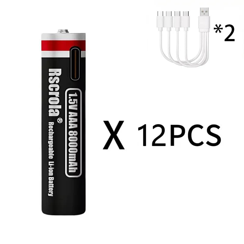 New 1.5V AA13600mAh/AAA8000mAh USB Type-C Rechargeable Lithium Battery for Mouse， Cameras, Electric Toothbrushes, Shavers Oasis Select 12 AAA8000 1.5V