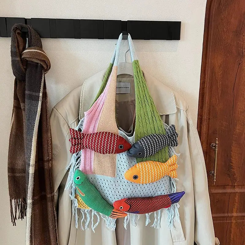 Cute Fish Relaxed Tassel Knitted Bag Splicing Shoulder Bag Little Fish Tote Bag Versatile Casual Commuter Handbag For Girls Gift Oasis Select A7
