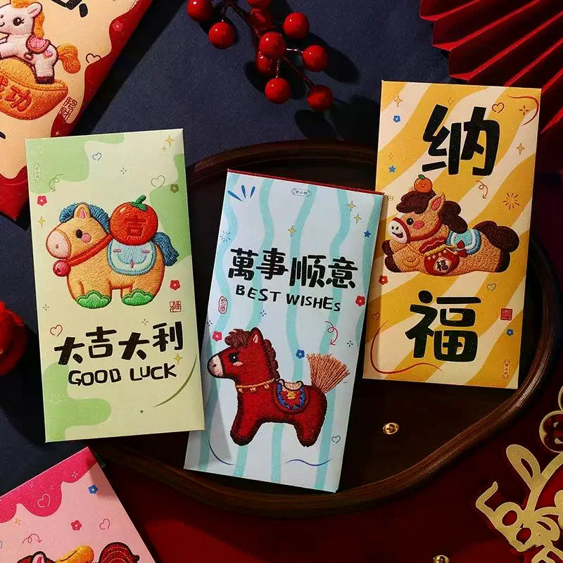 6Pcs Cartoon Three Dimensional Imitation Embroidery The Year Of The Horse Red Envelope New Year Festival Envelope Oasis Select