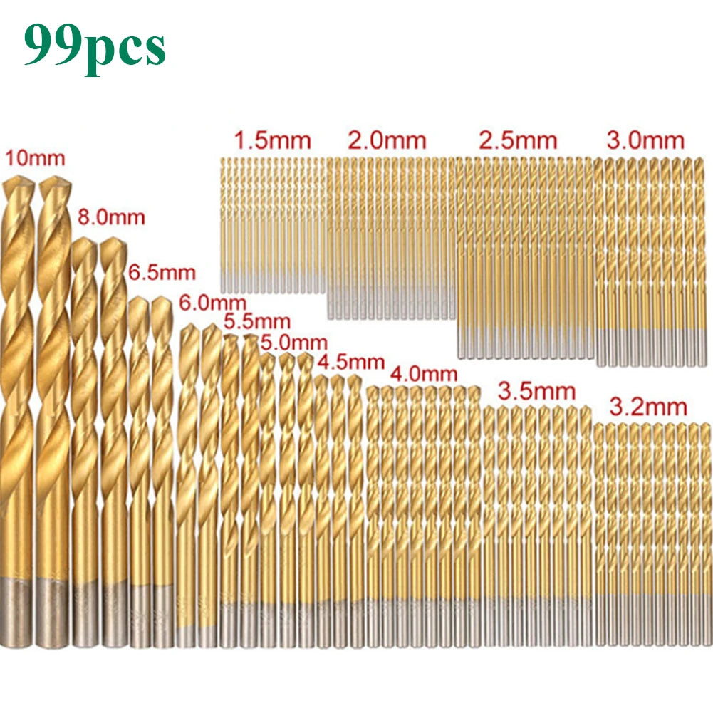 99-Pc Titanium HSS Twist Drill Bit Set 1/16"–1/4" Wood Metal Twist Drill Bit Set Oasis Select