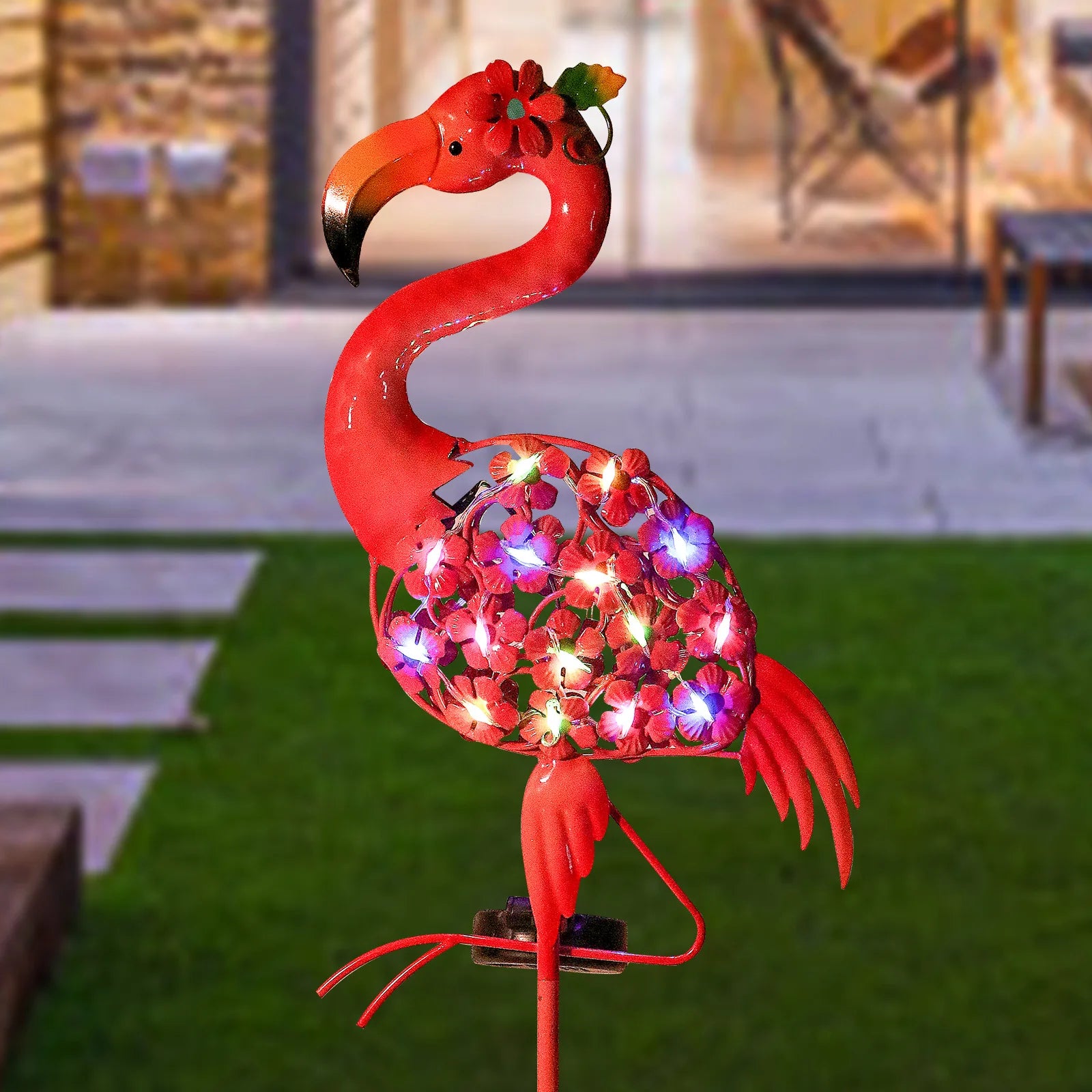 Outdoor Solar-powered Flamingo Wrought Iron Ground Lamp, Garden Lawn Lamp, Garden Decorative Handicraft Oasis Select pink four colors
