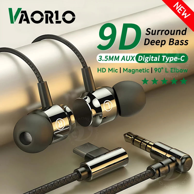 9D HIFI Heavy Bass Game Earphones 3.5MM AUX/Type-C 90° L Elbow Metal Magnetic Music Earbuds With Mic In-Ear Headsets For Android Oasis Select