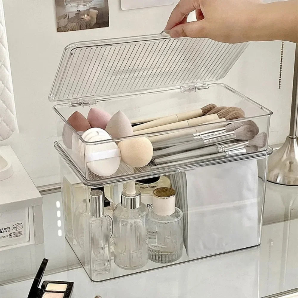 1pc Desktop Storage Box Large Capacity with Lid, Transparent Cosmetic & Office Organizer, for Office Supplies/Books/Documents Oasis Select