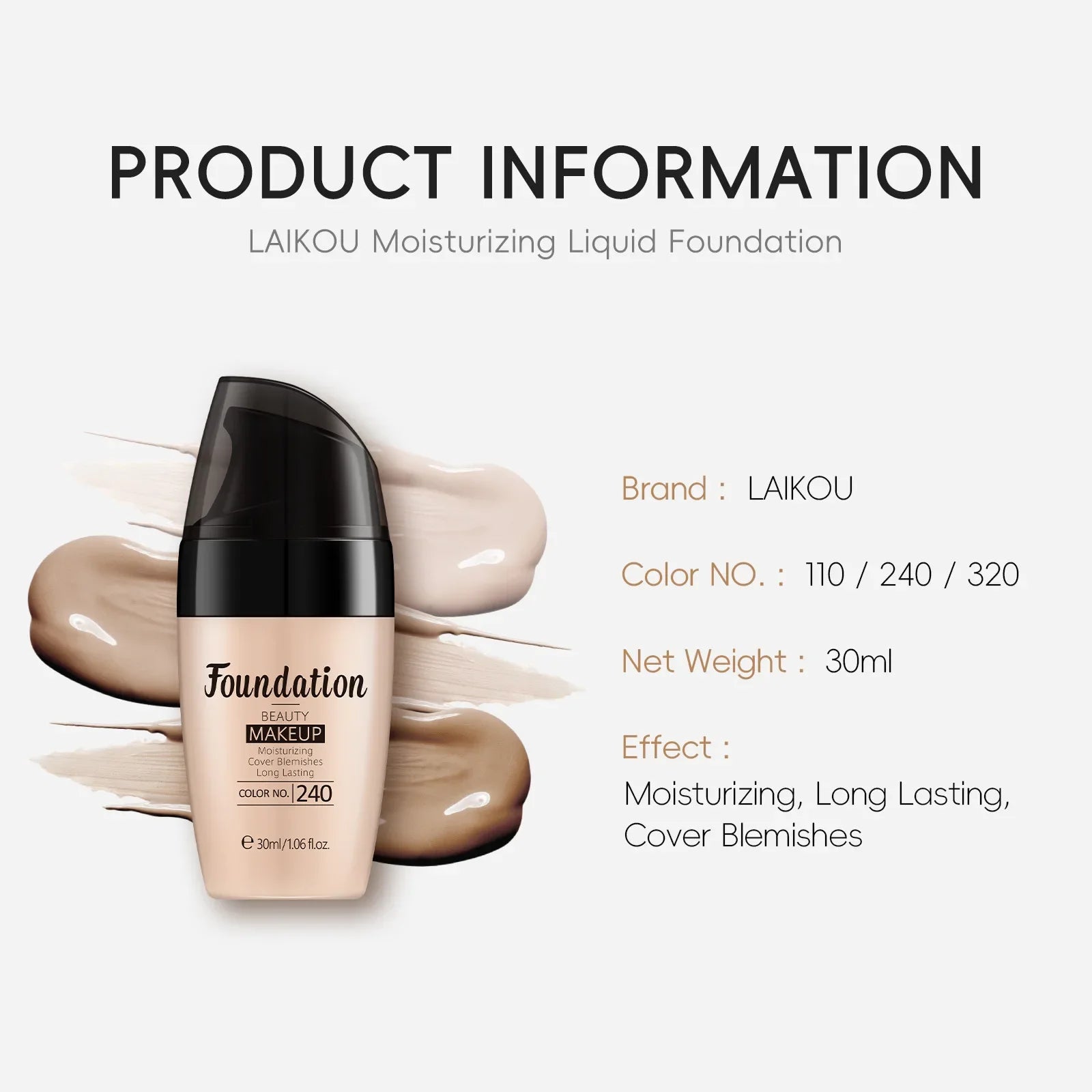 LAIKOU Liquid Foundation Moisturizing Long Lasting Full Coverage Concealer Waterproof Face Makeup 30ml Oasis Select