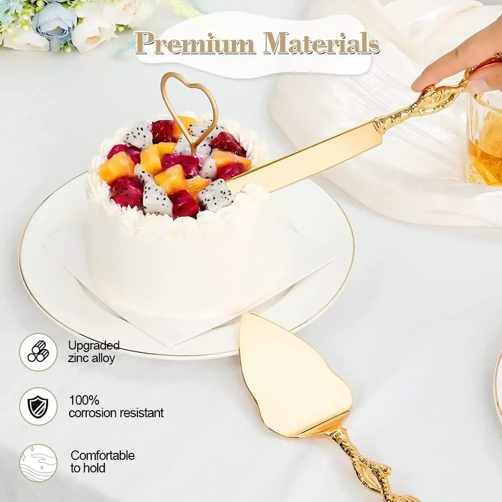 2pcs Set of Golden Color Cake Knife and Spatula Luxury Rose Shaped Handle Cake Knife for Weddings Birthday Party Tableware Gifts Oasis Select
