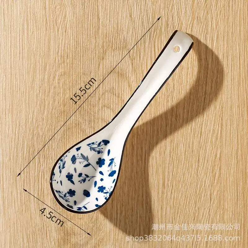 Japanese-style Small Blue And White Ceramic Spoon With Underglaze Decoration, Extended Length For Soup And Noodle Serving Oasis Select 8