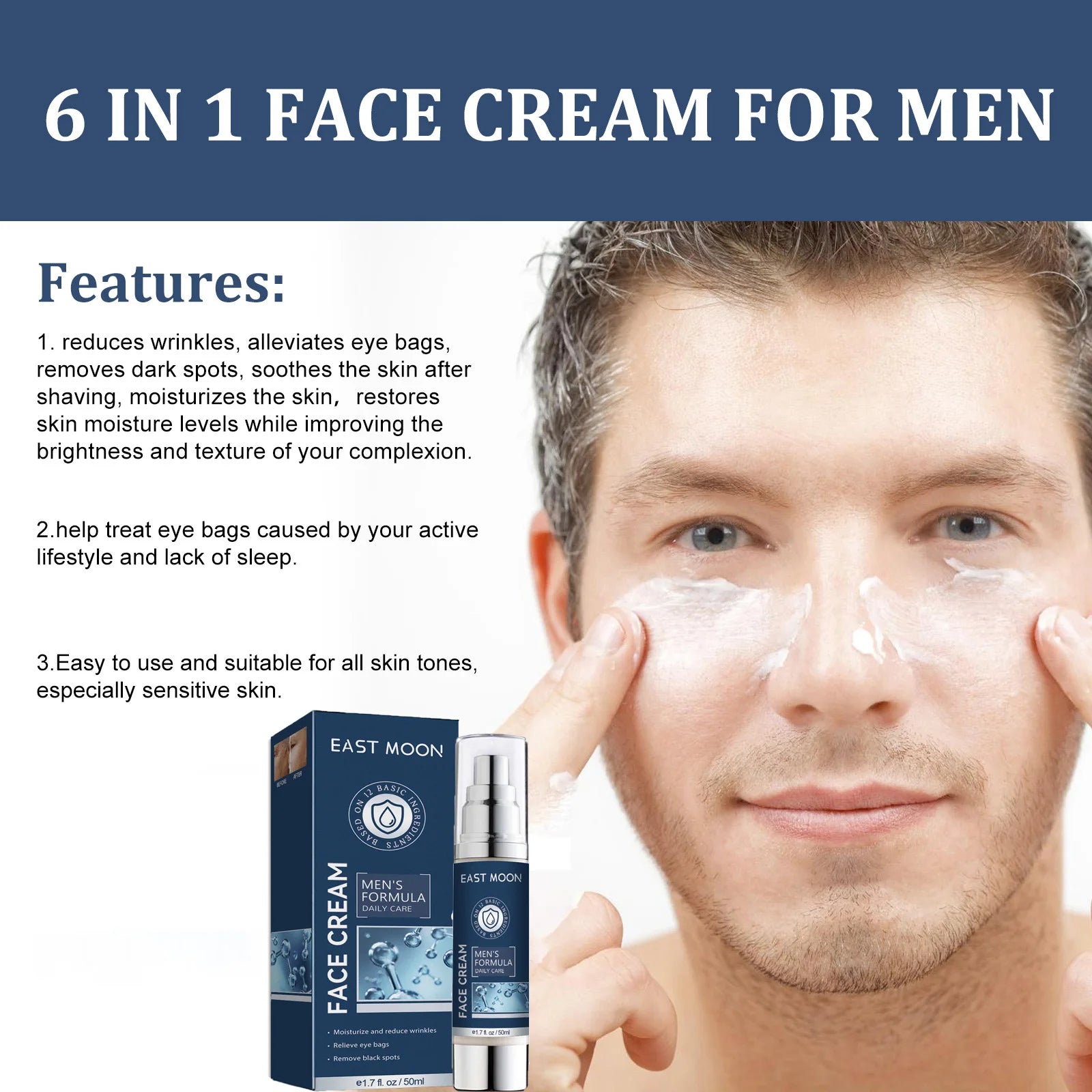 6 IN1 Men's Face Moisturizer Cream Hydrating Skin Lighten Dark Circles Anti-Puffiness Fade Fine Lines Brightening Facial Cream Oasis Select