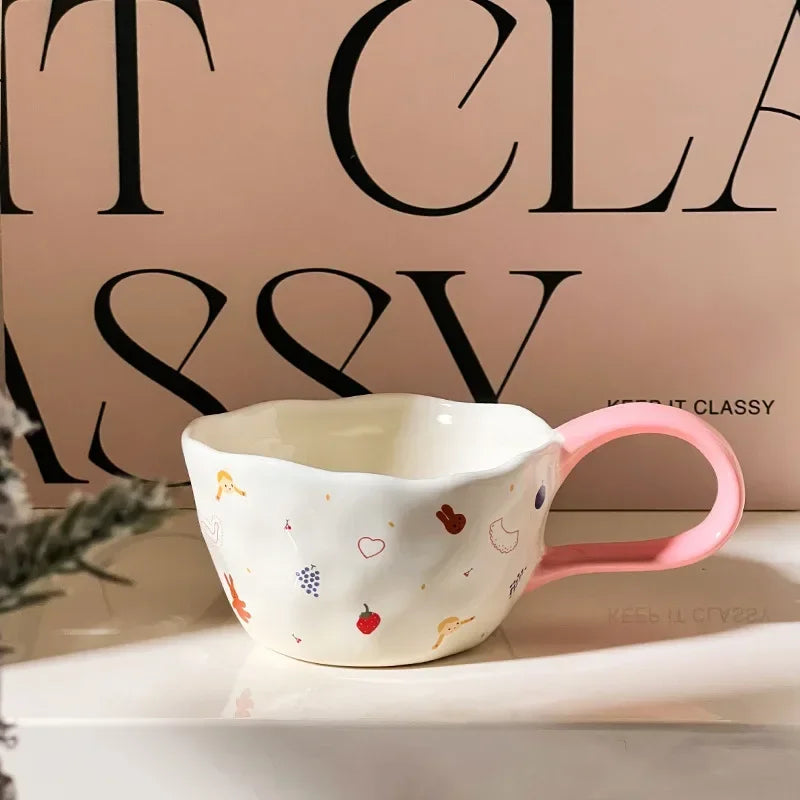 300ml Hand-painted Flower Ceramic Coffee Cup Cute Style Print Porcelain Handmade Breakfast Milk Juice Tea Chocolate Handle Mug Oasis Select Pink 300ml
