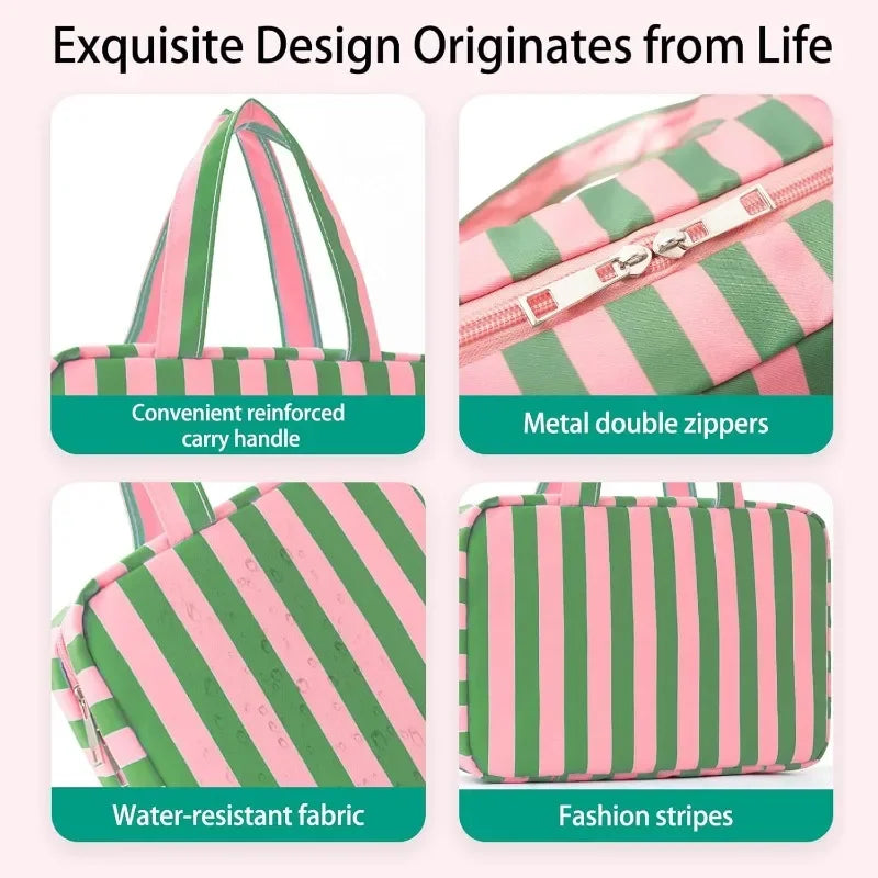 Collapsible Hanging Travel Cosmetic Pouch Striped Multi Compartment Design Wet Dry Separated Storage Bag Lightweight Organizer Oasis Select