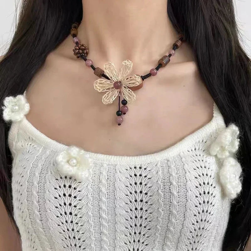 Retro New Flower Beaded Necklace Chinese Style Wood Bead Weaving Long Braided Rope Clavicle Chain Women's High Grade Neck Chain Oasis Select