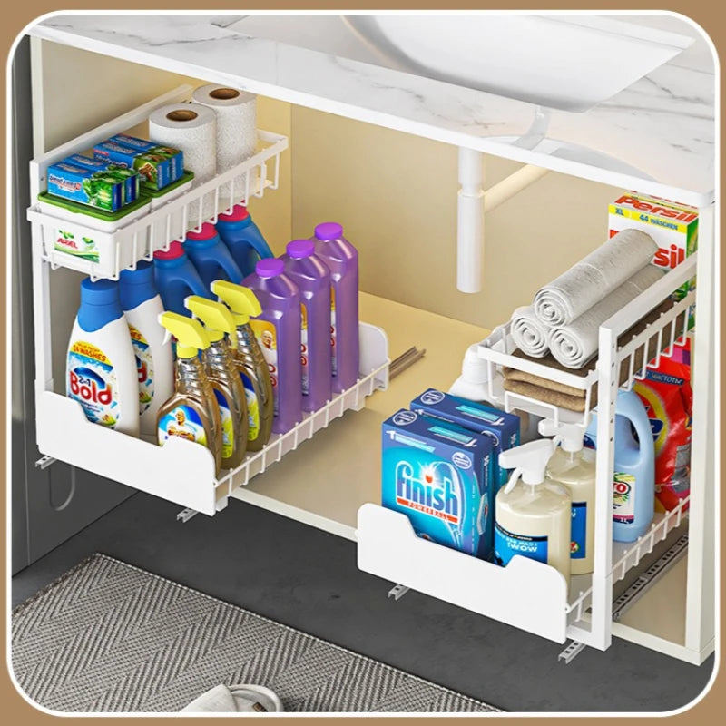 Kitchen Sink Lower Shelf Storage Pull Basket Two-way Guide Rail Bathroom Toilet Cabinet Layered Pull Basket Oasis Select