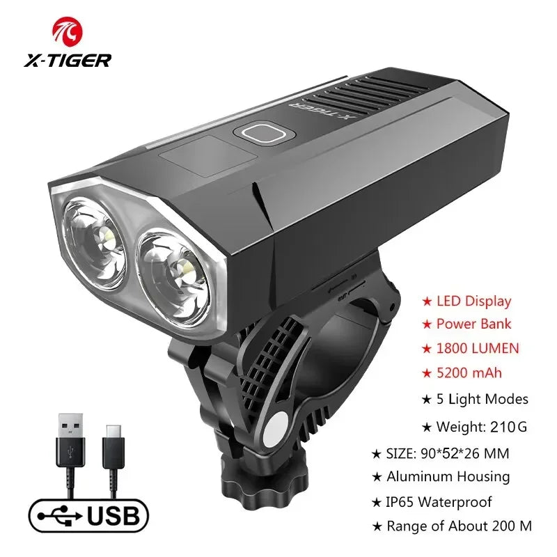 X-Tiger Bicycle Front Light Set Waterproof Rechargeable LED 5200mAh Mountain Bike Light Aluminum Alloy Ultralight Flashlight Oasis Select QD-1101