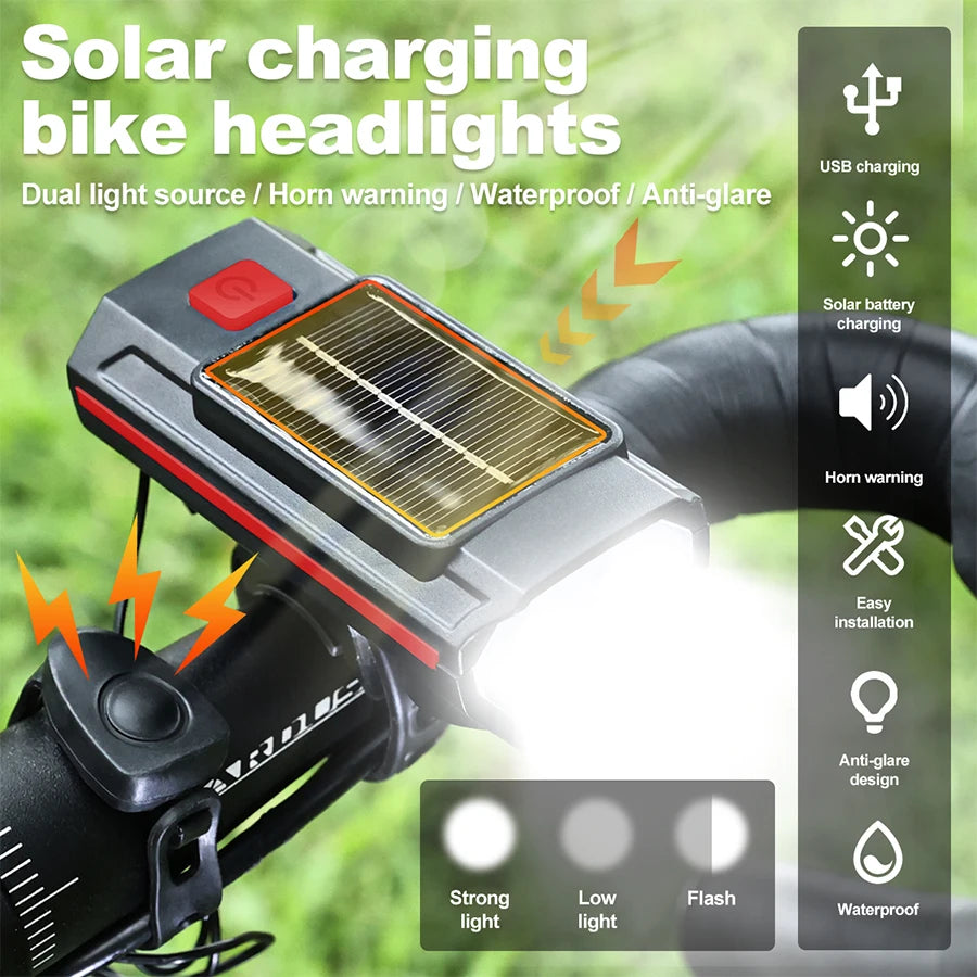 Solar Bicycle Light with Horn 120dB TYPE-C fast Charging MTB Road Bike Front Lamp Flashlight Bicycle Light 1200 mah Oasis Select