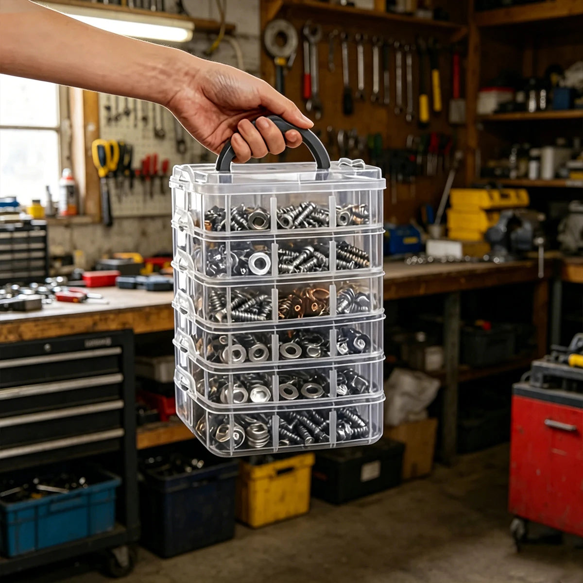 1pc Stackable Plastic Hardware Storage Box, Multi-Layer Screw Bolt Parts Sorting Box Portable Handheld Desktop Parts Storage Box Oasis Select