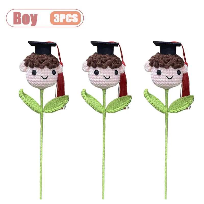 Graduation Season Crochet Bouquet with Graduation Cap Handmade Knitted Flower for Boys Girls Teacher Gift School Oasis Select Boy-3PCS