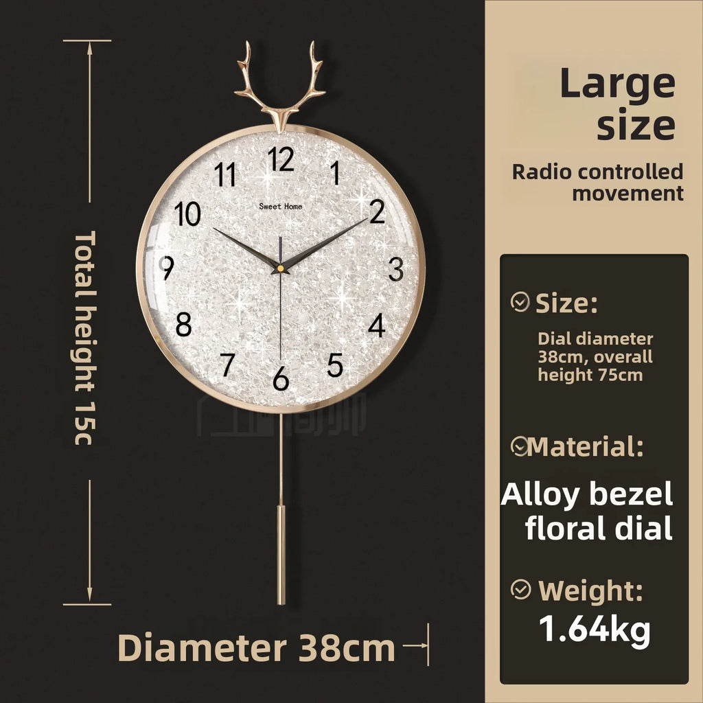Golden Deer Horn Hanging Clock Pendant Light Luxury Dial Silent Living Room Modern and Simple Home Wall Decoration Oasis Select Alloy 38cmRadio wave