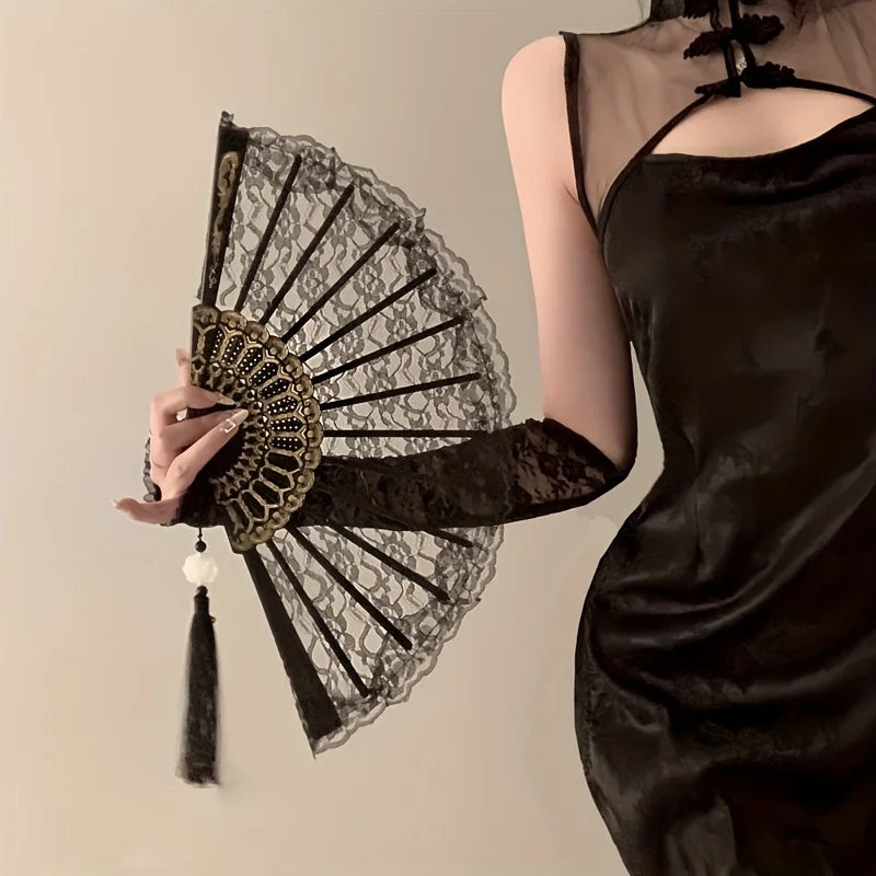 Vintage Chinese Lace Fan - Floral Pattern Black & Golden Tassel Handheld Cooling Fan, Photo Props, Summer Fashion Accessory Oasis Select
