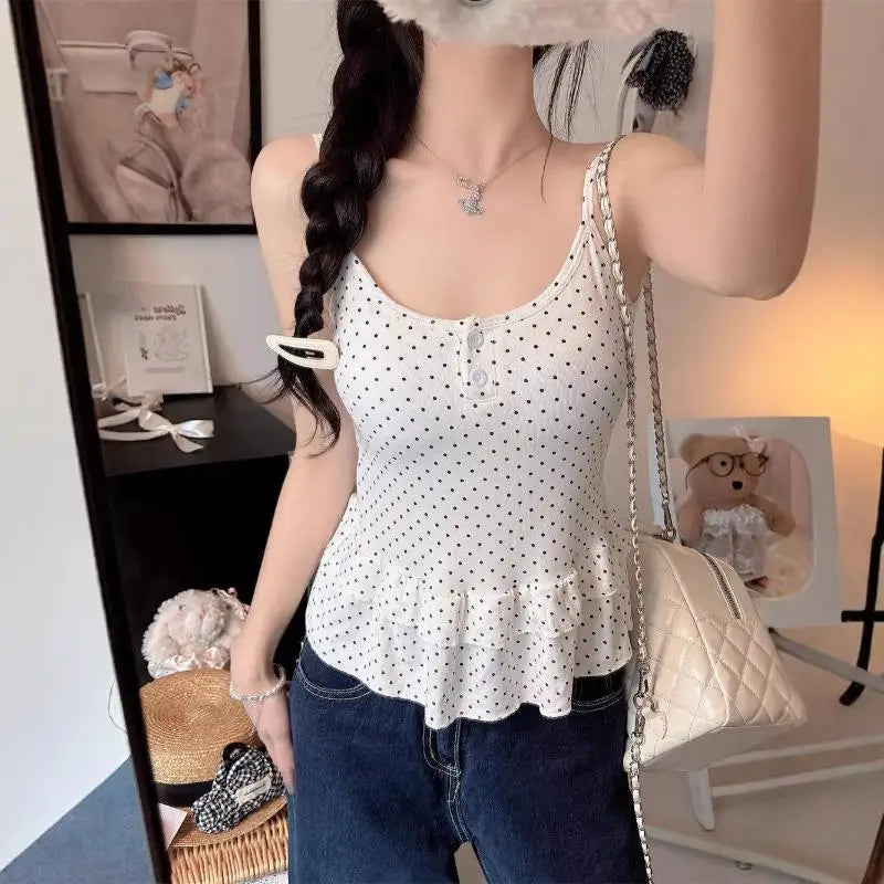 Women Clothing Summer Fashion Casual Polka Dot Solid Color Sling Ladies Fashionable Appear Thin Slim Young Style Tops Oasis Select
