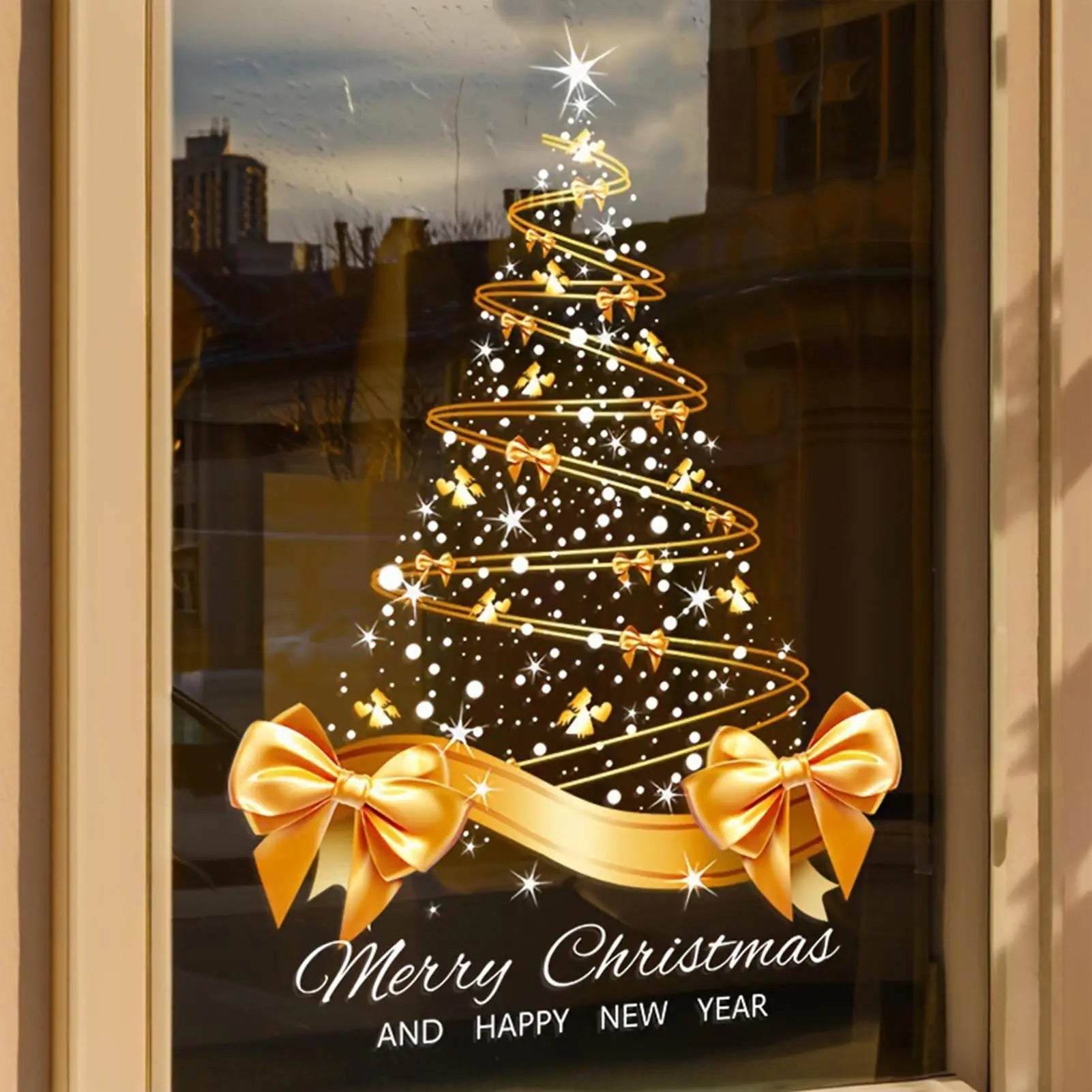 Christmas Window Clings 25.59x17.72 Inch Mural Pvc Double-Sided Golden Christmas Tree Window Clings for Glass for Holiday Home Oasis Select