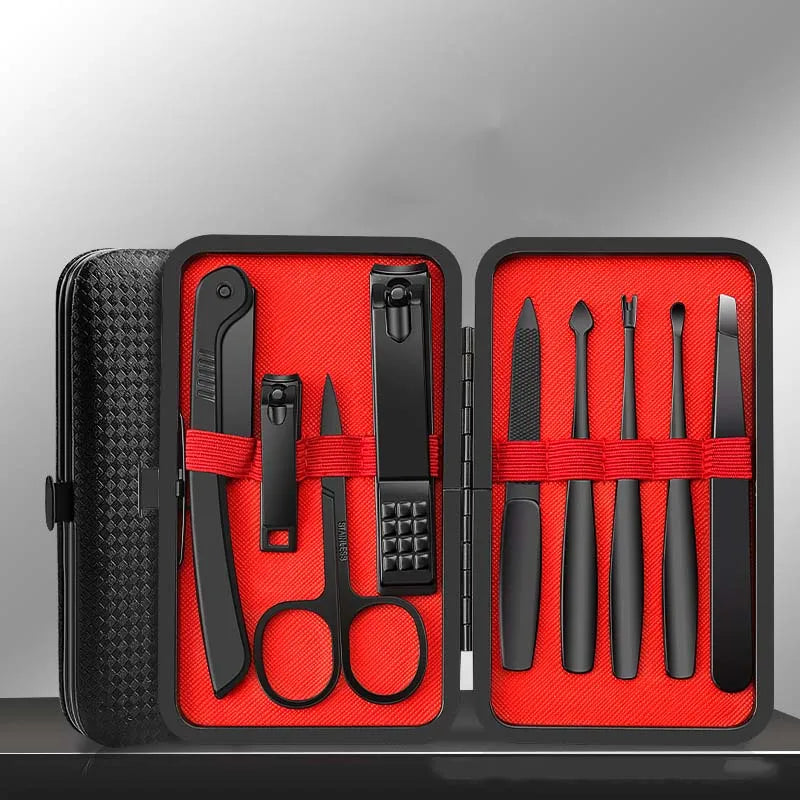 9-Pc Stainless Steel Tweezers & Nail Scissors Kit | Leather Case