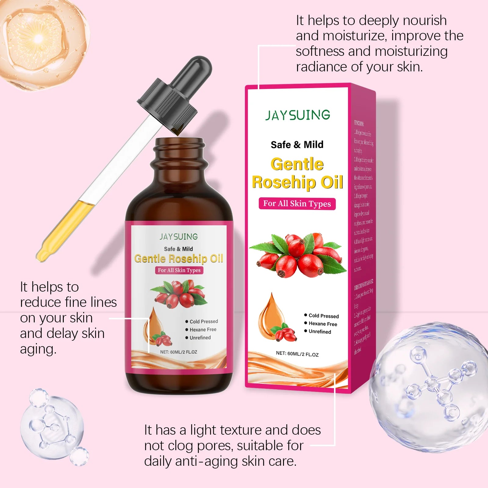 Rosehip Facial Oil Moisturizing Smoothing Skin Relieves Dryness Discomfort Enhances Softness Elasticity Anti-Aging Essence Oil Oasis Select