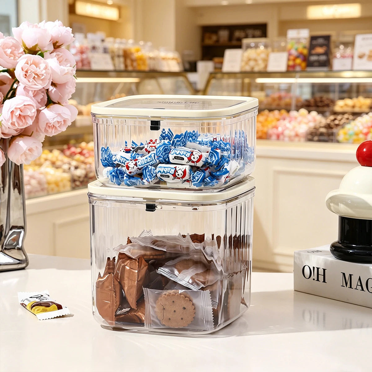 1pc transparent tape cover press type candy storage box stackable plastic snack organizer can home desktop storage box Oasis Select