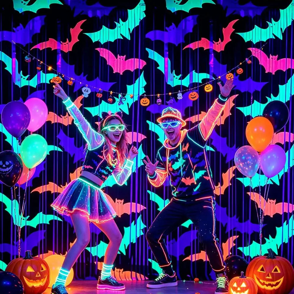 1x2M Fluorescent Tinsel Curtain Bat Pattern Cartoon Wall Hanging Bat Pendants Funny Reusable Scary Background Wall Tassel Oasis Select