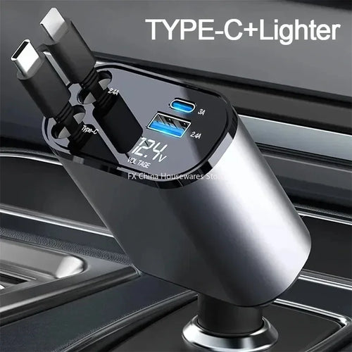4 in 1 120W Car Charger Retractable Car Cigarette Lighter Adapter USB Type C Fast Charger Cable For IPhone Xiaomi Huawei Samsung Oasis Select