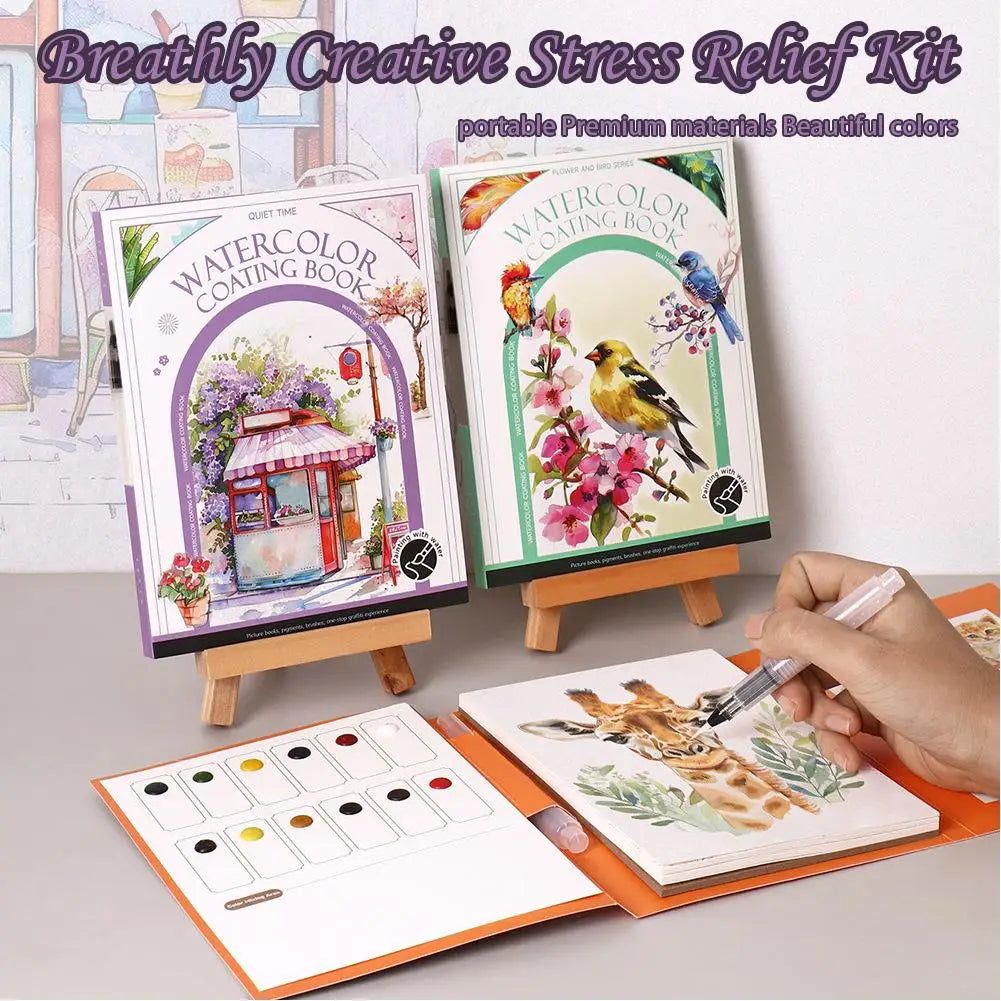 One set Watercolor Painting Set with Tri-Fold Book, Built-in 12 Colors & Stress Relief Note Paper for DIY Art Therapy Oasis Select