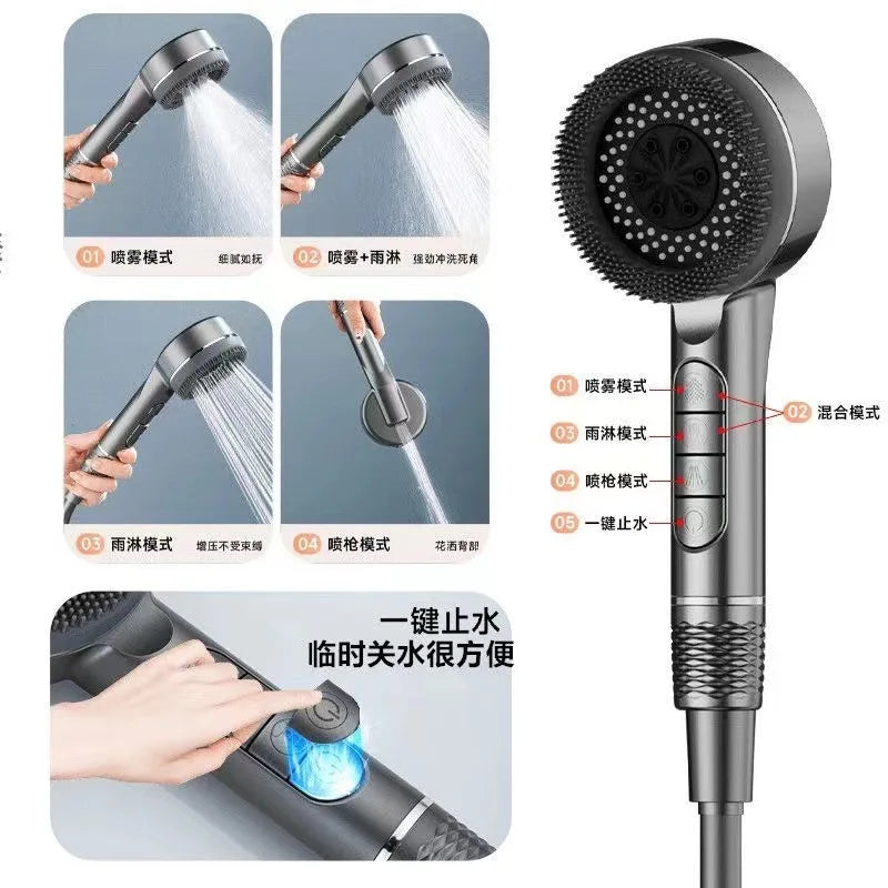 New 4 Speed Strong Pressurized Shower Head Pushbutton Shifter Spray with Massage Brush Filter Shower Faucet Bathroom Accessories Oasis Select