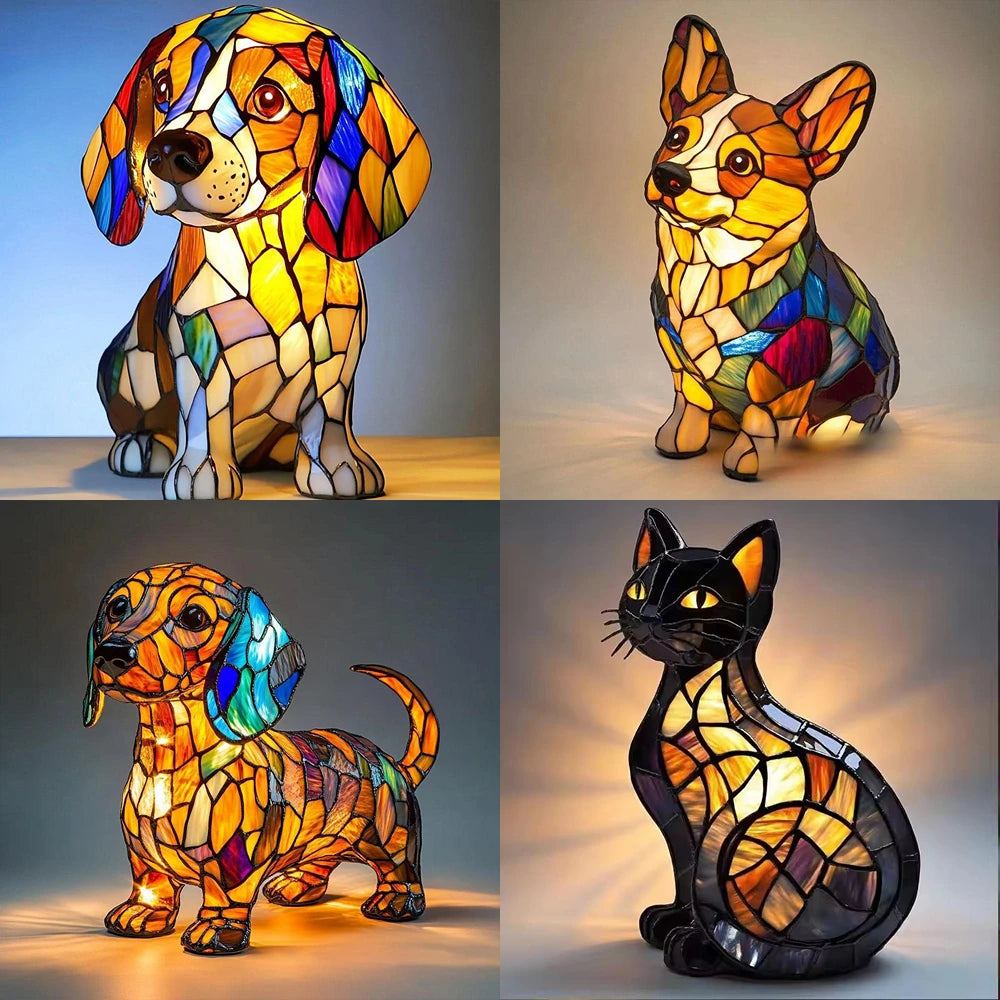 Stained Glass Cat LED Night Light – Color-Changing Resin Lamp