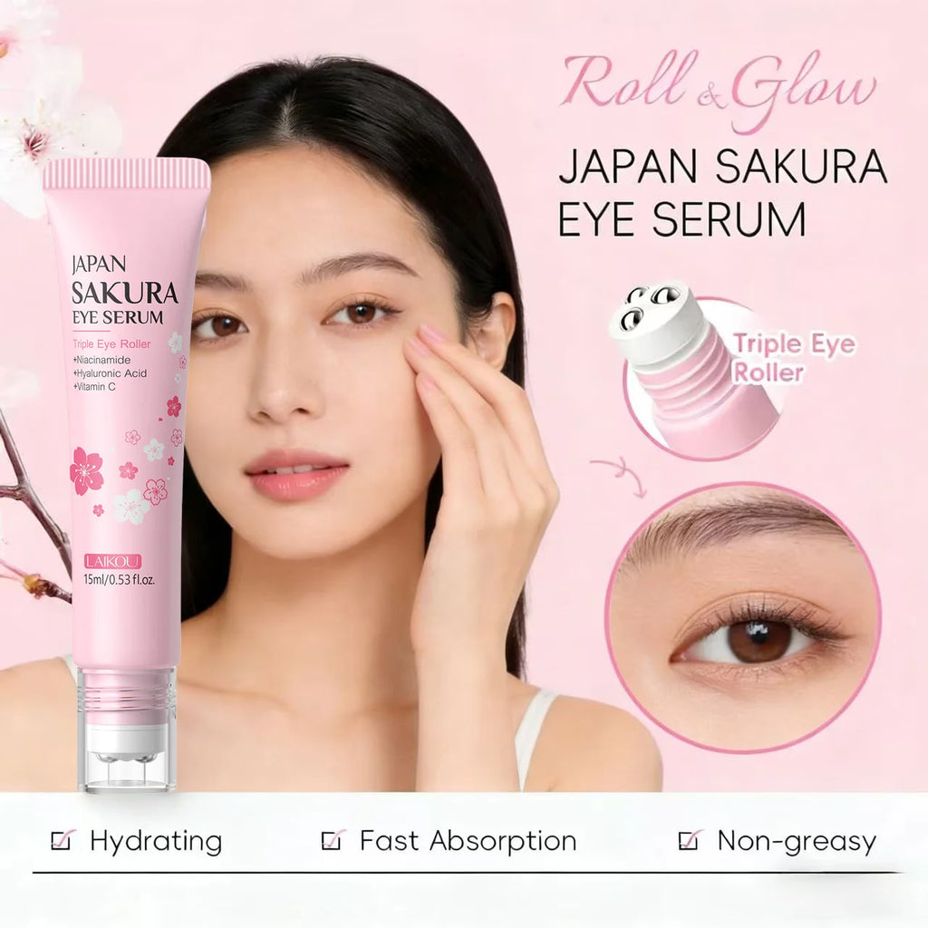 LAIKOU Sakura Roller Eye Serum 15ml Hydrating Reduce Dark Circles Puffiness Anti-Aging Brightening Firming Eye Care Oasis Select