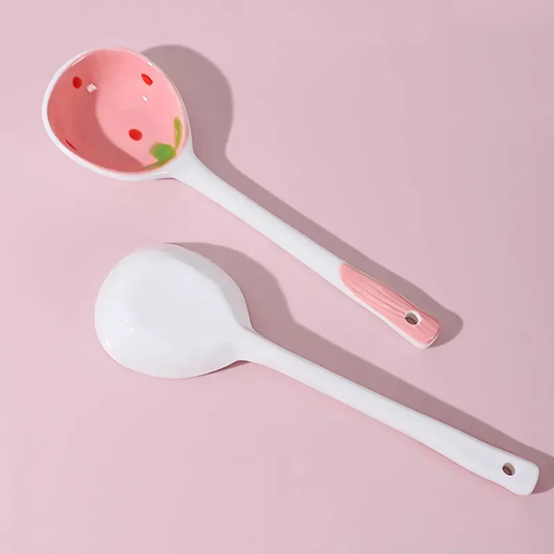 Kitchen Accessories Kawaii Strawberry Ceramic Soup Spoon Cute Korean Ice Cream Hand Painted Coffee Dessert Long Handle Spoon Oasis Select